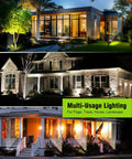 Outdoor Solar Spotlight Kit With 18 LED Ultra Bright Lights illuminating modern and traditional homes with soft warm white light.