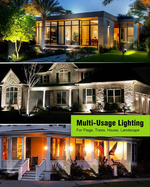 Outdoor Solar Spotlight Kit With 18 LED Ultra Bright Lights illuminating modern and traditional homes with soft warm white light.