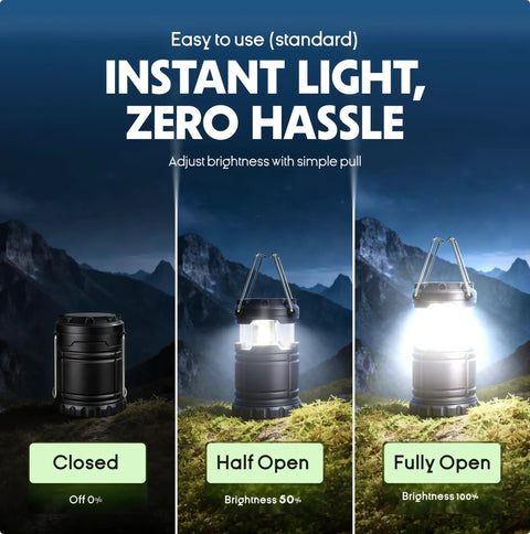 LED Camping Lantern For Outdoor Adventures And Home Power Outages showing closed, half open, and fully open brightness levels outdoors.