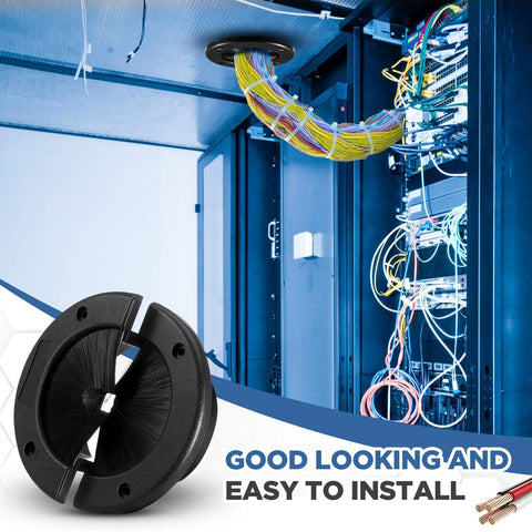 2 Pack 4 Inch Round Brush Grommet With Split Design For Raised Floor Airflow Management And Cable Management In Home Data Center Rooms Walls And Racks, shown in use with cables in a server room.