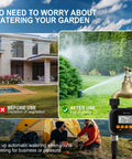 Smart Hose Timer For Garden And Outdoor Irrigation With Rain Sensor, showing before and after watering results