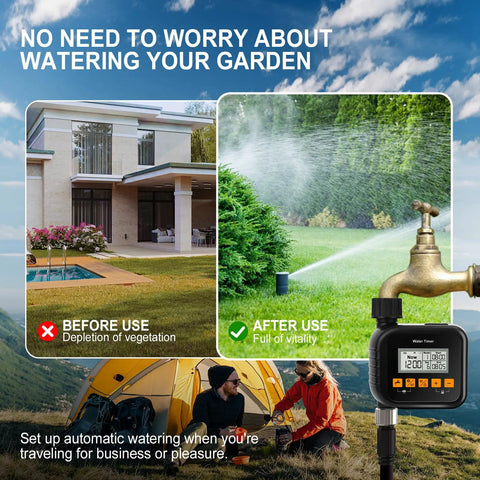 Smart Hose Timer For Garden And Outdoor Irrigation With Rain Sensor, showing before and after watering results