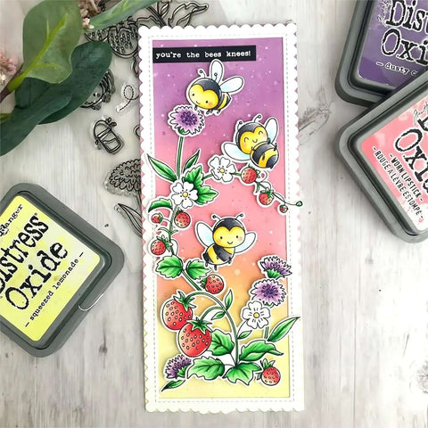 Stamps and Dies Set for Card Making and Scrapbooking featuring bees, strawberries, sunflowers, and floral motifs on handmade card