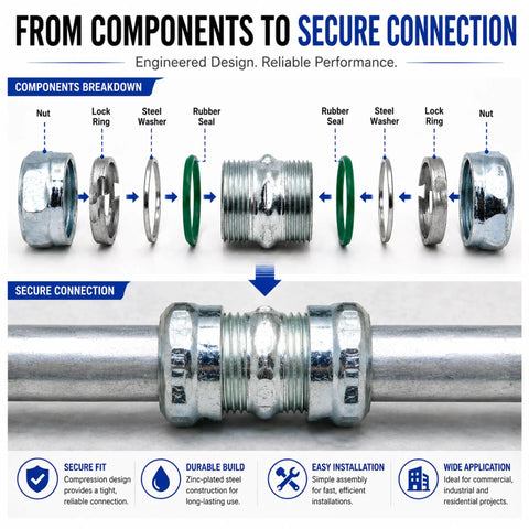 Heavy Duty 1/2 Inch EMT Compression Coupling Raintight Electrical Conduit Connector breakdown components for secure connection.