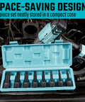 Eight Piece Impact Torx Bit Set With One Half Inch Drive Including T30 T40 T45 T50 T55 T60 T70 T80 Bits In Chromoly Steel With Manganese Phosphate Coating One Piece Solid Construction All In A Durable Storage Case open on a car engine with impact driver nearby