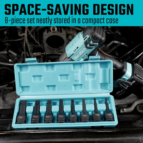 Eight Piece Impact Torx Bit Set With One Half Inch Drive Including T30 T40 T45 T50 T55 T60 T70 T80 Bits In Chromoly Steel With Manganese Phosphate Coating One Piece Solid Construction All In A Durable Storage Case open on a car engine with impact driver nearby