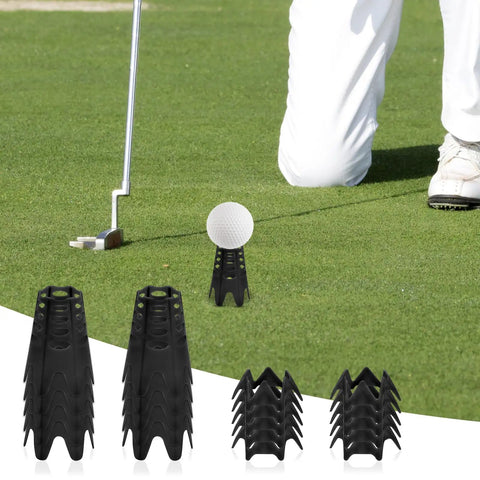 Golf Simulator Tees 24 Piece Practice Kit With 12 Tall And 12 Short Tees on turf with golf club and ball