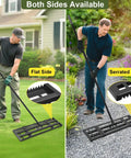 Man using Heavy Duty Lawn Leveling Rake With Dual Sided Serrated Edge And Smooth Plate For Leveling Soil Compost Sand And Grass Durable Steel Garden Tool With Six Point Five Foot Adjustable Handle For Quick Yard Repair No Sweat on lawn and gravel path