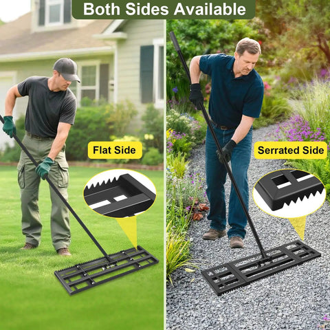 Man using Heavy Duty Lawn Leveling Rake With Dual Sided Serrated Edge And Smooth Plate For Leveling Soil Compost Sand And Grass Durable Steel Garden Tool With Six Point Five Foot Adjustable Handle For Quick Yard Repair No Sweat on lawn and gravel path