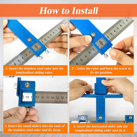 No Sweat Cabinet Hardware Jig With Quick Release Drill Guide Block For Drawer Pulls And Door Handles Hassle Free Setup Punch Locator Template installation steps on a countertop.