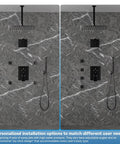 Enga Dual Head Shower System with Jets, 16" + 6" Shower Head showing dual spray jets and handheld options on a marble wall.