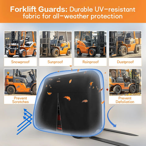 Forklift cover 600D for up to 8000 lb forklifts; front view, waterproof with zipper door and organizer bag