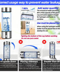 Instructions on correct usage of Hydrogen Water Bottle Generator 2 Pack With SPE PEM Tech Water Ionizer Portable Hydrogen Rich Water Machine Improves Water In Just 3 Minutes Glass Bottle With Stainless Steel Accents Travel Ready to prevent leakage, showing diagrams and warnings.
