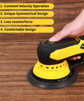 Hand using Brushless 350W Random Orbital Sander With 3A Motor on wood surface, featuring variable speed and ergonomic design.