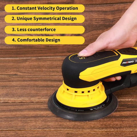 Hand using Brushless 350W Random Orbital Sander With 3A Motor on wood surface, featuring variable speed and ergonomic design.