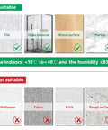 Reliahom 3-pack wall-mount broom holder infographic; suitable on tile, glass, wood, marble; not for wallpaper/brick.