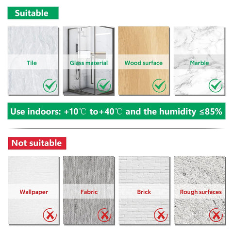 Reliahom 3-pack wall-mount broom holder infographic; suitable on tile, glass, wood, marble; not for wallpaper/brick.
