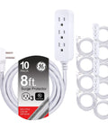 Three-Outlet Power Strip With Surge Protection, Pack Of 10, 8 Ft Braided Extension Cord, Grounded Flat Plug, 250 Joules, UL Listed, Gray And White