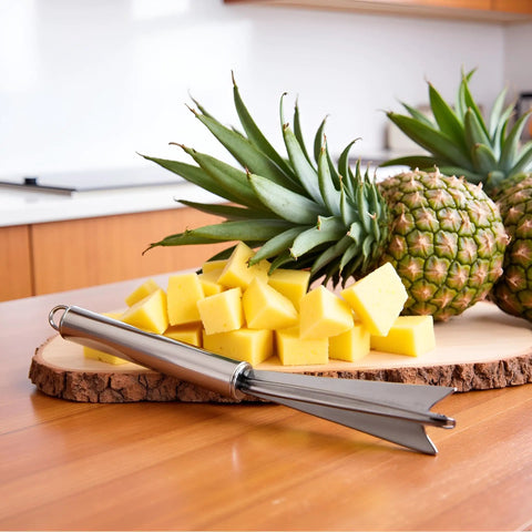 V Shape Pineapple Eye Remover Tool With Multipurpose Clip Stainless Steel Peeler on kitchen counter with sliced pineapples