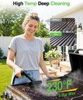 A woman using the Heavy Duty TaskStar Steam Cleaner With High Pressure For Cleaning Floors And Greasy Grills, showcasing powerful steam on a grill.