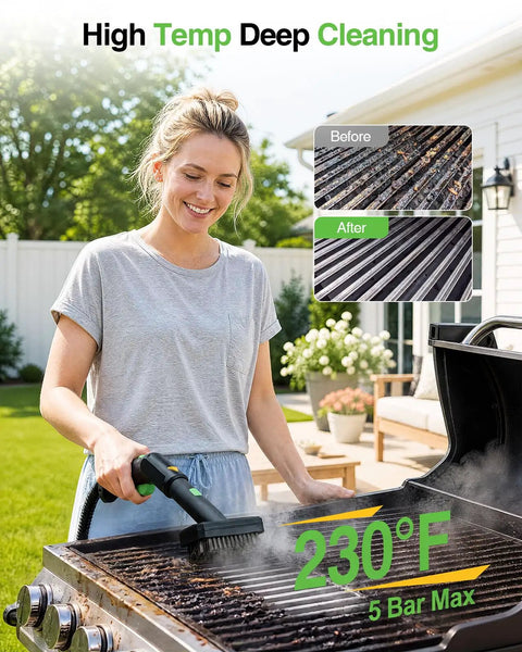 A woman using the Heavy Duty TaskStar Steam Cleaner With High Pressure For Cleaning Floors And Greasy Grills, showcasing powerful steam on a grill.