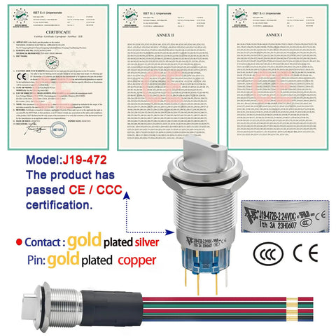 Rock Solid 19mm Three Quarter Inch Stainless Steel Rotary Switch 2NO 2NC DPDT Latching 90 Degree 2 Position With Blue LED Indicator, CE certified