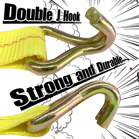 Close-up of Two Pack 2 Inch by 27 Foot Ratchet Straps Tie Downs 10000 Lb Heavy Duty J Hook Wire End Straps for Trucks, Flatbeds.