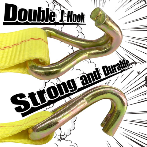 Close-up of Double J Hook on 2 Inch By 27 Feet Ratchet Strap Tie Downs With J Hook Ends, Pro Grade Heavy Duty Cargo Straps.