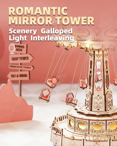 LED Swing Ride 3D Puzzle Kit For Adults And Teens, wooden mirror tower model with lit swing seats