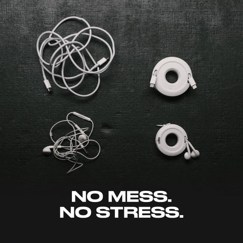 Before and after view of tangled cords and Mini And Max Earbud And Cable Winder Organizer 2 Pack With Adjustable Fits For 1 To 5 Feet And 1 To 8 Feet Cables