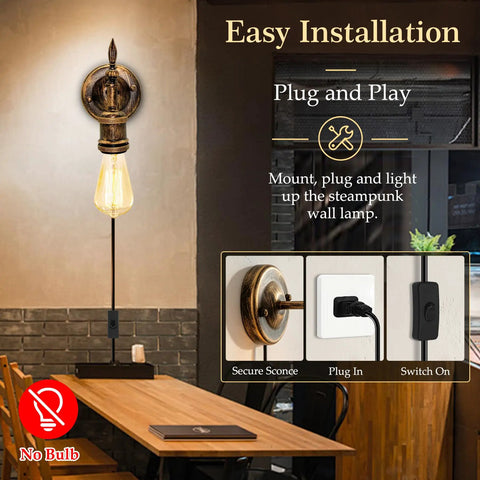 Steampunk Plug in Wall Sconces Set of Two, Wall Lamp Industrial with easy installation and plug, for Bedroom Farmhouse.