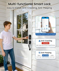 Rock Solid Matte Black Smart Lock For Front Door Handle featuring fingerprint swipes, installed on white door with boy using it.