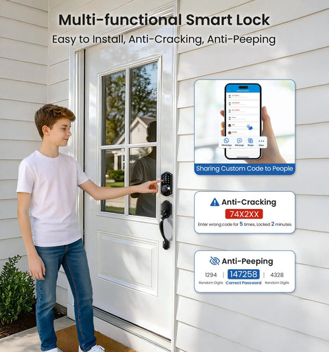 Rock Solid Matte Black Smart Lock For Front Door Handle featuring fingerprint swipes, installed on white door with boy using it.