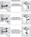 Diagram showing installation steps for Concealed Hydraulic 165 Degree Frameless Cabinet Door Hinges With Adjustable Mounting Easy Install Soft Closing Nickel Plated Steel Buffer Dampers For Wardrobe 2 Pack Full Overlay, including height, overlay, and depth adjustments.