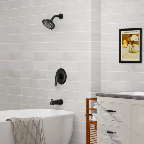 Bathroom with Matte Black 9 Setting Rain Shower Head Tub And Shower Faucet Set With Single Handle Valve Trim Kit Upgrade Your Bath