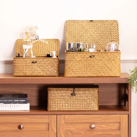 Real Deal Natural Seagrass Wicker Storage Baskets Set Of Three Hand Woven Shelf Organizers With Secure Lids For Closet Living Room Organization Eco Friendly Home Decor