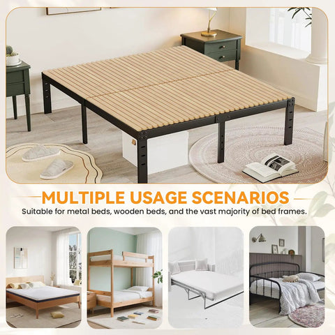 Queen Size Bamboo Bunkie Board Heavy Duty Bed Base Under Mattress Zero Flex Platform showing multiple usage scenarios fitting various bed frames.