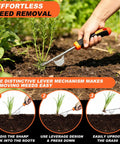 Hand using 3-In-1 Weed Puller Set With 4-Tine Uprooter And Crevice Weeder in garden to uproot weeds effectively.