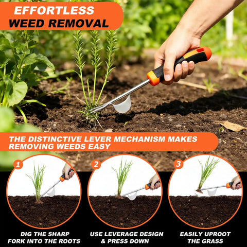 Hand using 3-In-1 Weed Puller Set With 4-Tine Uprooter And Crevice Weeder in garden to uproot weeds effectively.