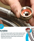 Close-up of hand holding 6 Ft Braided Stainless Steel Washing Machine Hose Connector With 90 Degree Elbow 3/4 In FHT To 3/4 In FHT Flexible Water Supply Line For Tight Spaces No Fuss Install Durable PVC Core With Nylon Reinforcement