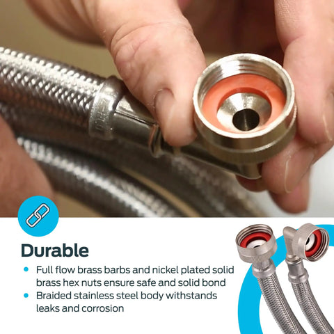 Close-up of Two 5 Ft Braided Stainless Steel Washing Machine Hoses With Elbows Pack Of 2 3/4 Inch FHT X 3/4 Inch FHT Full Flow High Pressure Connectors Built For Leak Free Water Supply, showing connector detail and durability.