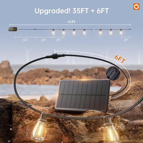 35Ft Solar String Lights Outdoor With Remote And USB Port IP54 Waterproof 11 LED Shatterproof Bulbs with solar panel and USB cable
