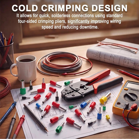 One Thousand Pieces Of 22 Awg Wire Ferrule Connectors In Matte Gray Finish Offering Tight Grip Crimp Ends That Lock Down Strands For Hella Reliable Electrical Work And No Fuss Assembly on a workspace with crimping tools.