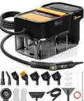 Heavy Duty Handheld Steam Cleaner Getting Every Stain Out With 3 Level Adjustable Handle And 18 Piece Accessory Kit For Zero Drama Deep Cleaning On Floors Matte Black with hose and accessories.