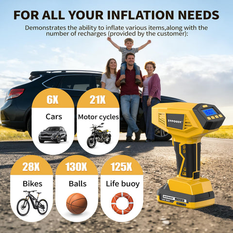 On The Go Tire Inflator With Auto Shut Off And 160 PSI showing usage for cars, bikes, and more beside a family and vehicle.