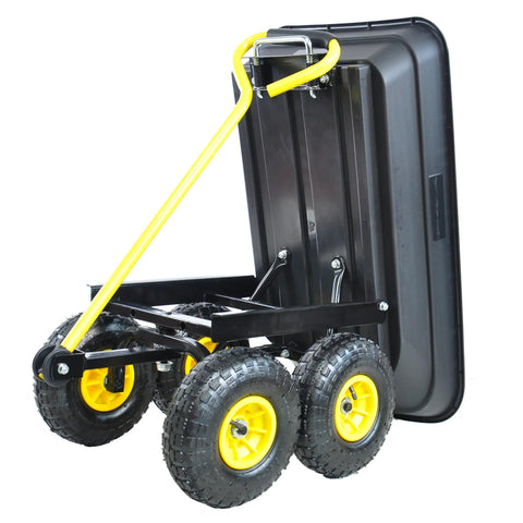 Beast Of A Heavy Duty Garden Cart Dump Truck With Air Wheels, 50 Liter Plastic Bucket, 300 Pound Load Capacity, tilted on side
