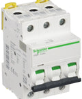 iC60N 3 Pole 32 Amp Miniature Circuit Breaker C Curve MCB 6KA for home, office, industrial panels, DIN rail mount shown