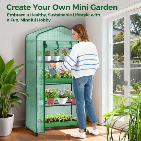 Compact Portable Greenhouse On Wheels For Indoor And Outdoor Use With 4 Tier Rack And Durable PE Cover Easy To Move Smooth Locking Wheels Weather Resistant Ideal For Seedlings Plants And Quick Sunlight Shifts