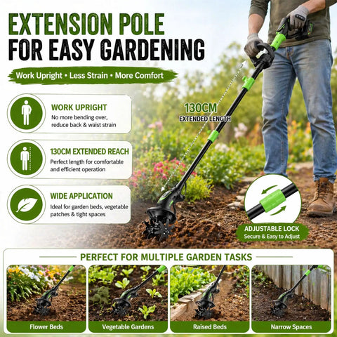 2 In 1 Cordless Tiller And Cultivator For Gardens And Lawns, 21V Battery Powered, Lightweight Handheld Or Standing With Extension Rod shown in use