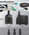 Front and side view of Quiet 25W Submersible Water Pump With 10 Foot Power Cord And 400GPH Flow, Tubing Included, size specifications